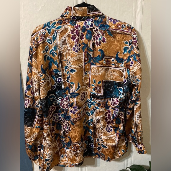 Vintage polyester button up collared shirt long puff sleeve floral design sz14 - Picture 14 of 16